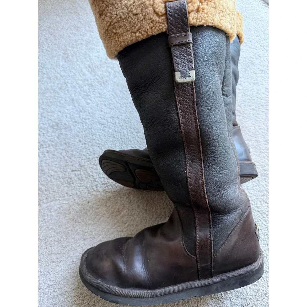 UGG Australia Women's Leather Tall Shearling Lined Winter Boots Brown SZ 12